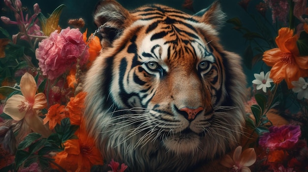 Un tigre con flores al fondo.