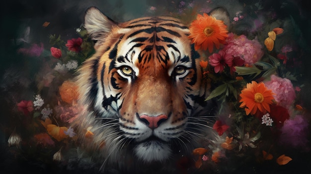 Un tigre con flores en la cara.