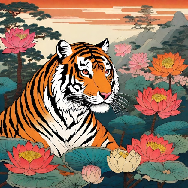 Tigre con flores de loto
