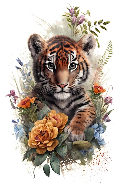 Un tigre con flores tiene un estilo acuarela.
