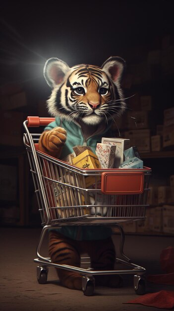 Foto tigre fofo com carrinho de compras