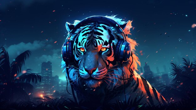 Tigre con fondo de arte de ilustración de auriculares