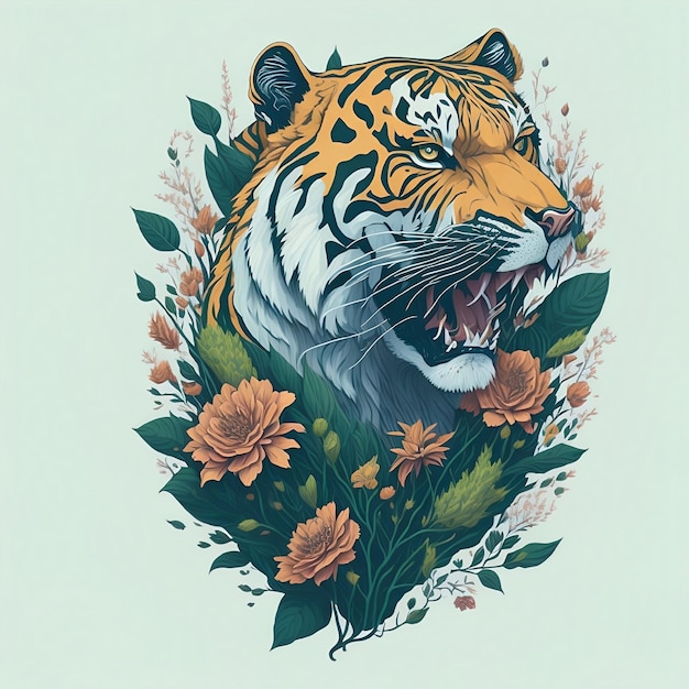 Un tigre con un fondo azul y un fondo verde.