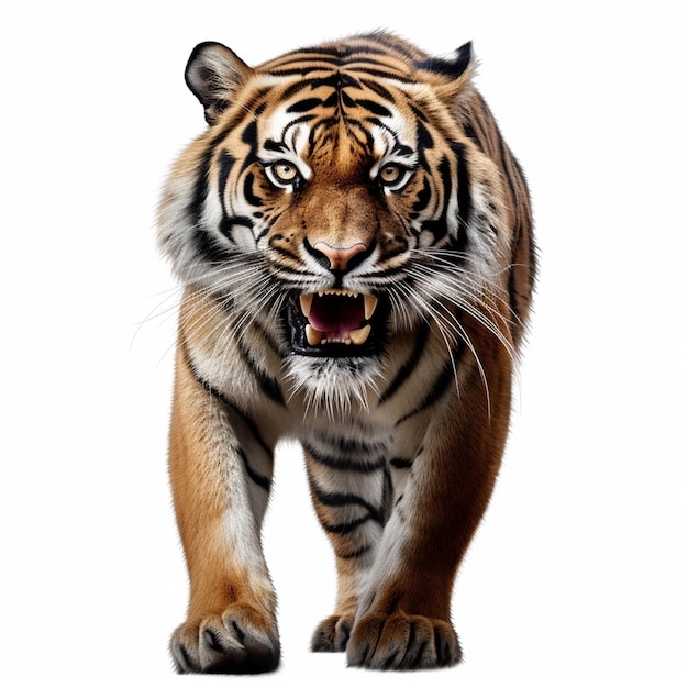 Un tigre con un fondo blanco y un fondo negro.