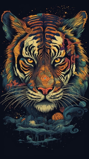 Un tigre con un fondo colorido y un ojo azul.