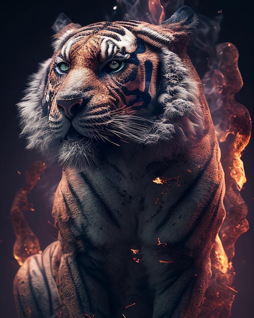 Un tigre con un fondo de fuego ardiente