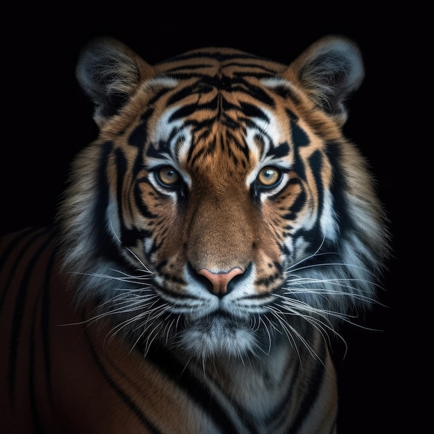 Un tigre con un fondo negro y un fondo negro.