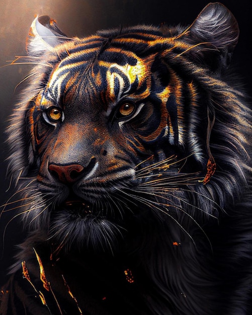 Un tigre con fondo negro y ojos naranjas.