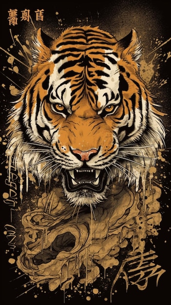 Un tigre con fondo negro y pintura dorada.