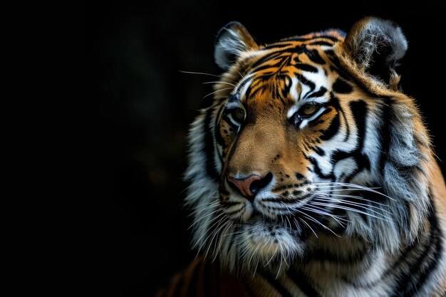 Foto tigre con fondo negro también conocido como tigre de amur contra un fondo negro generado por ai