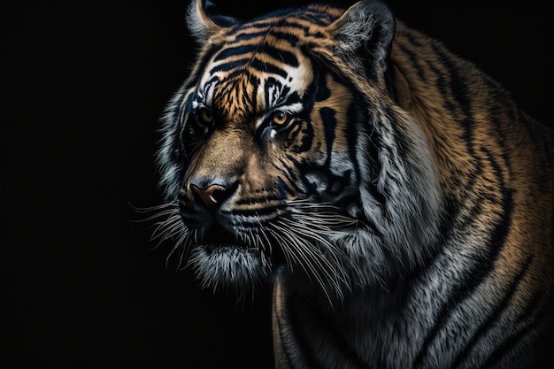 Un tigre con un fondo negro.