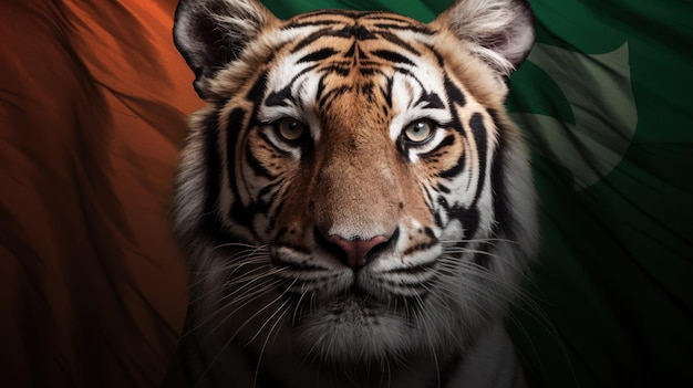 Un tigre con un fondo verde y naranja.