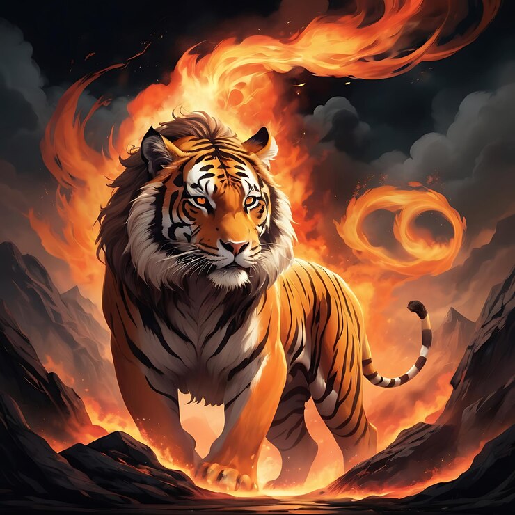 tigre con un fuego en el fondo