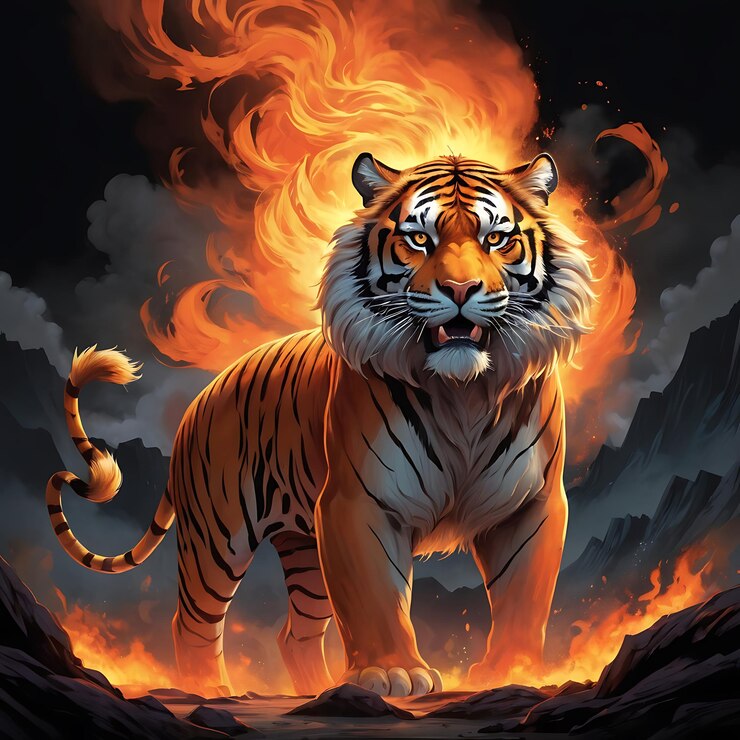 tigre con un fuego en el fondo