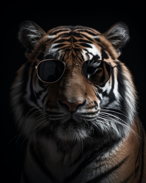 Un tigre con gafas y un fondo negro.