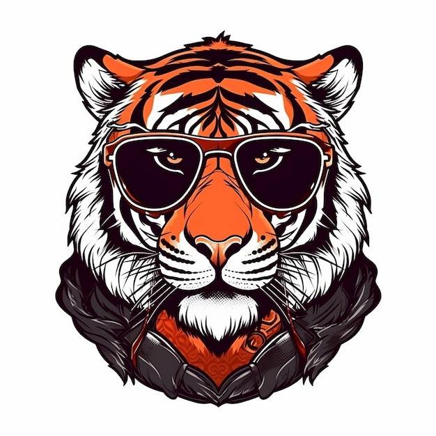 Un tigre con gafas de sol y una camiseta que dice tigre.