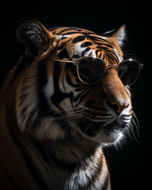 Un tigre con gafas de sol y un fondo negro.