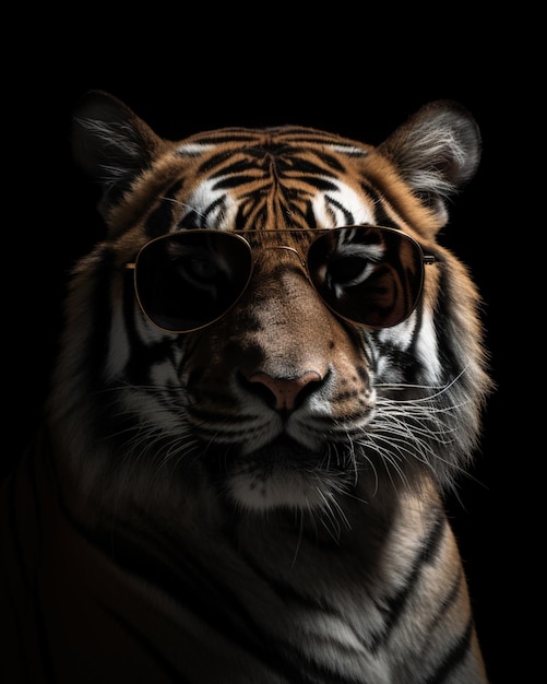 Un tigre con gafas de sol y un fondo negro.