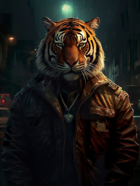 Un tigre gordito pero fuerte que vive en la ciudad cyberpunk cabeza de tigre con una gran chaqueta de cuero escalofriante cuerpo completo cara gruñona pintura al óleo realista generat ai