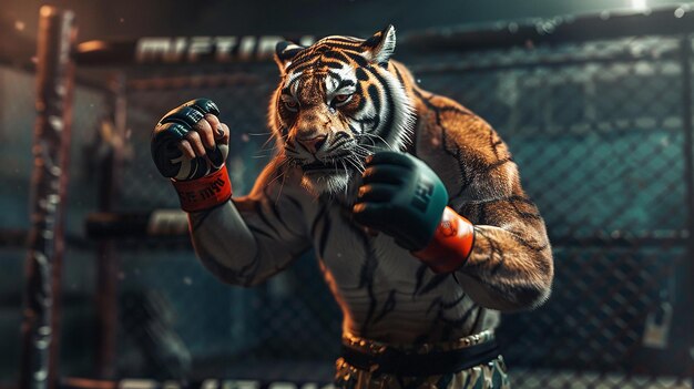 Foto un tigre con guantes en la arena de la lucha