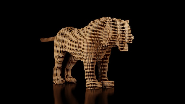 Un tigre hecho de muchos cubos en un espacio negro uniforme. Constructor de elementos cúbicos. Arte del mundo de los animales salvajes en el rendimiento moderno. Representación 3d