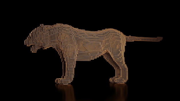 Un tigre hecho de muchos cubos sobre un fondo uniforme negro. Constructor de elementos cúbicos. Arte del mundo de los animales salvajes en la interpretación moderna. Representación 3D.