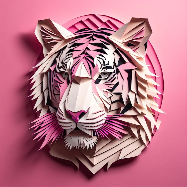 Un tigre hecho de papel que tiene un fondo rosa.