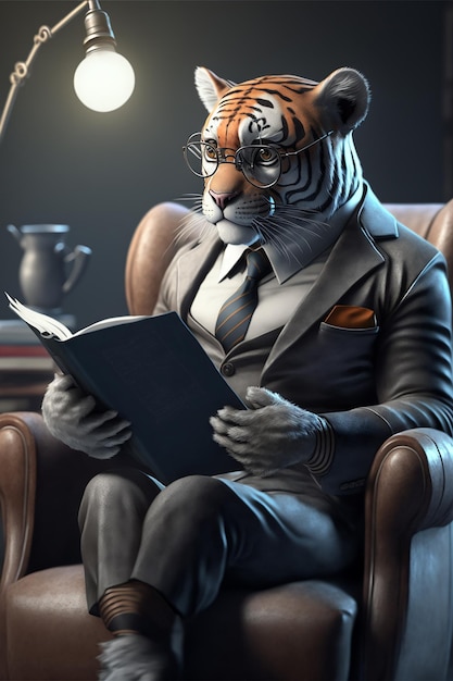 Tigre humanizado personagem lendo jornal