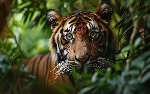 un tigre investigando con curiosidad sus alrededores en un bosque exuberante