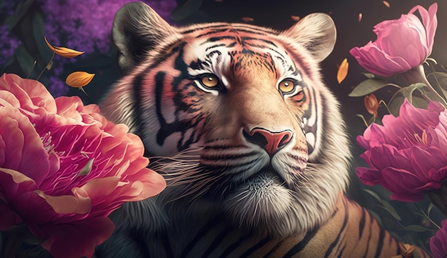 Un tigre en un jardín de flores.