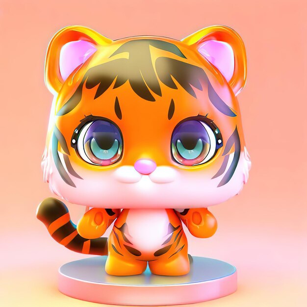 Un tigre de juguete con ojos grandes está sentado sobre un objeto redondo.