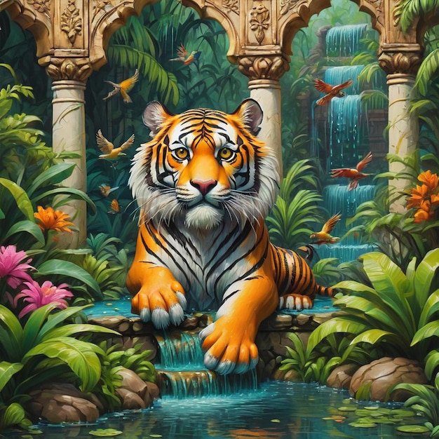 Foto un tigre en la jungla con una cascada en el fondo