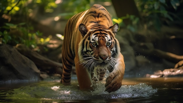 Tigre en la jungla cerca de un cuerpo de agua