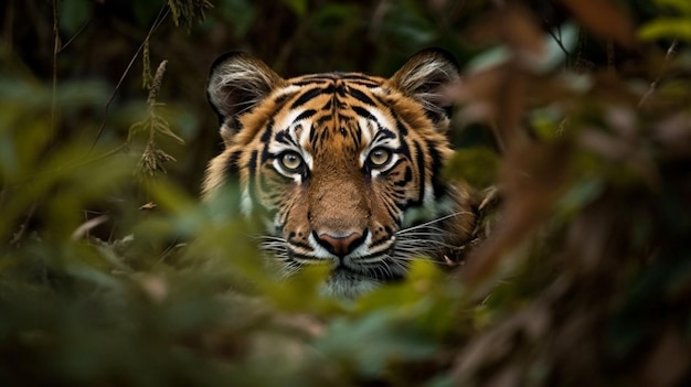 Un tigre en la jungla está mirando a la cámara.