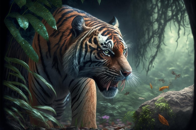 Un tigre en la jungla con un fondo verde.