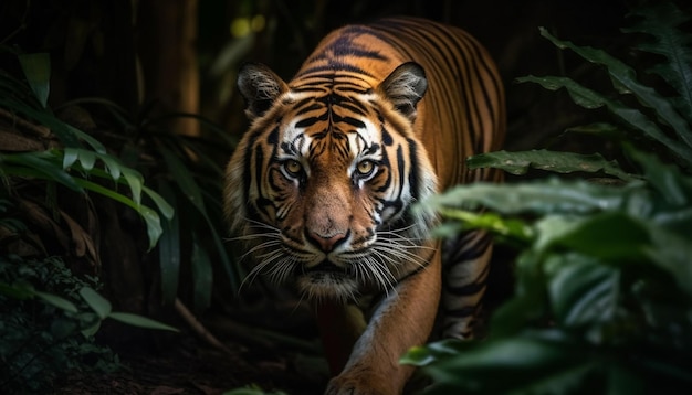 Un tigre en la jungla con un fondo verde.