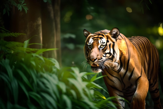 Un tigre en la jungla con un fondo verde.