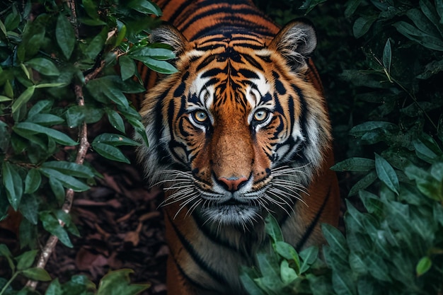 Un tigre en la jungla con hojas verdes.