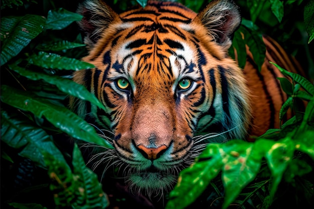 Un tigre en la jungla con hojas verdes.