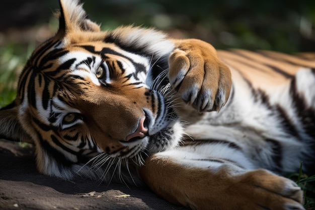 Tigre lamiendo pata zoológico Generar Ai