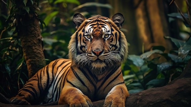 Un tigre con un lazo en el cuello se sienta en una jungla IA generativa