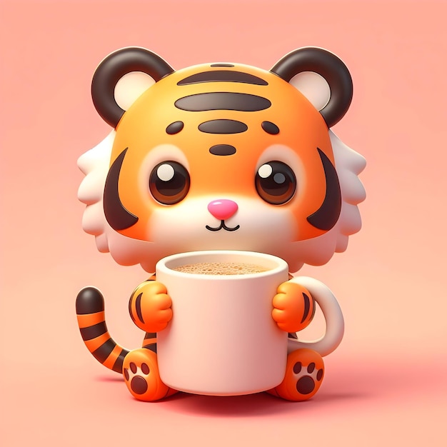 Un tigre lindo agarrando una taza de café