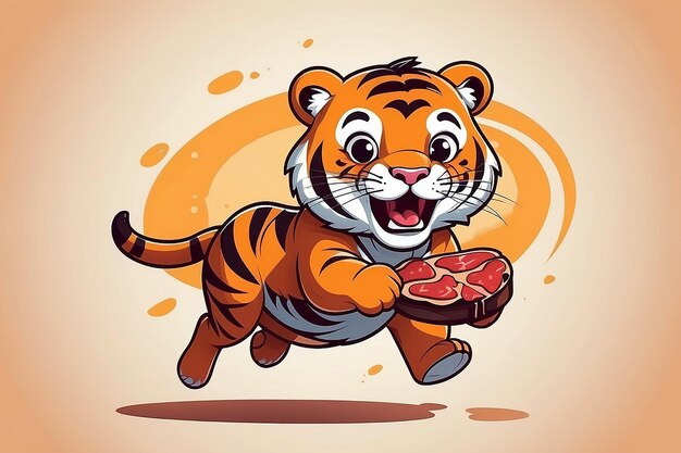 Foto tigre lindo corriendo con carne de filete icona vectorial de dibujos animados ilustración de alimento para animales icona aislada plana