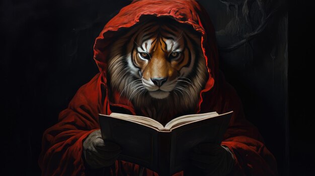 Un tigre majestuoso y inteligente con una túnica roja lee un libro con una mirada seria