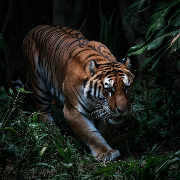 Foto un tigre con marcas negras en la cara está caminando por la selva