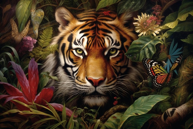 Un tigre con una mariposa en la cara está rodeado de plantas y flores.