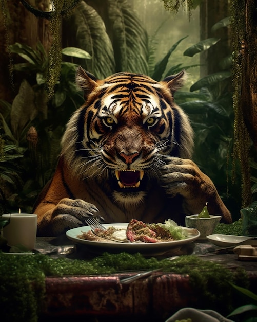 Un tigre en una mesa con un plato de comida.