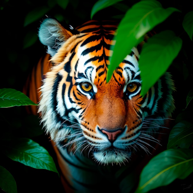 Un tigre mira a través del follaje de la jungla.