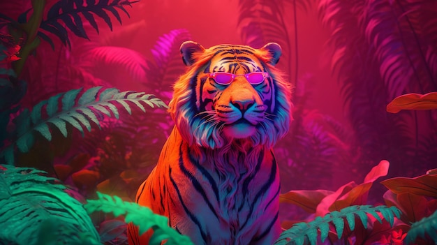 Tigre de moda con gafas de sol en estilo hipster sobre fondo tropical Hermoso tigre Fondo de piel de animal de tigre sin costuras de verano