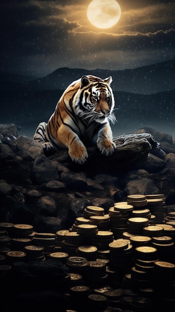 Tigre con monedas de oro a la luz de la luna